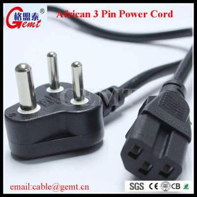 SABS South African 3 Pin AC Power Cords with Molded Plug African Extension Cord